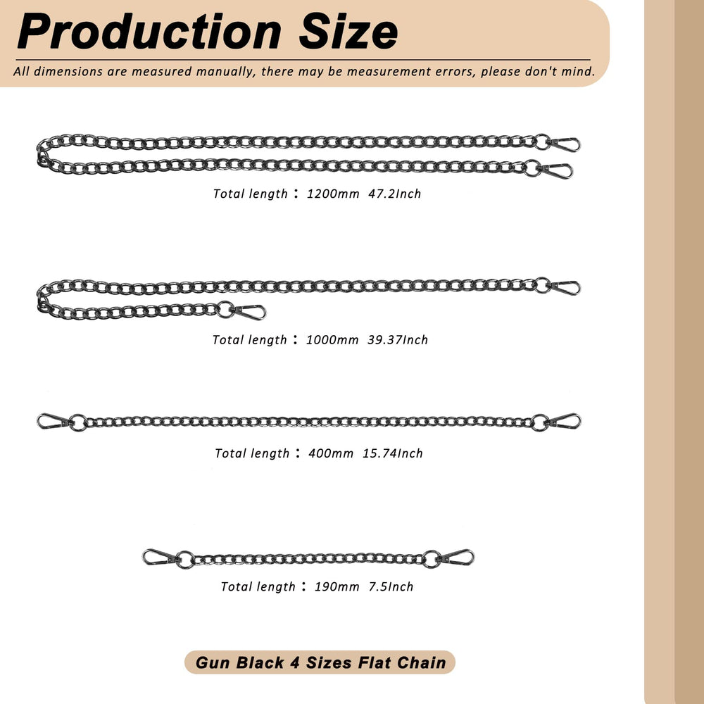 4Pcs Gun-Black 7.5 Inch 15.74 Inch 39.37 Inch 47.2Inch Luxury Fashion Replacement Flat Chain Strap with Buckles Set, Perfect for DIY Metal Shoulder Purse Replacement