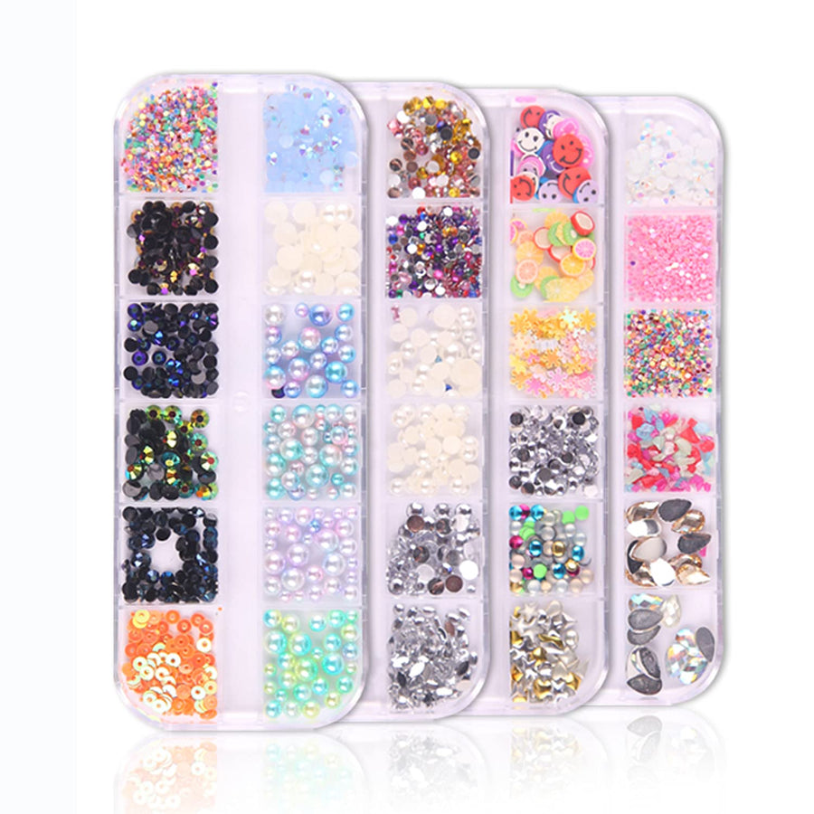 4 Boxes Grids Nail Art Rhinestones Crystals Flat Back Gemstones Variety Nail Art Rhinestones