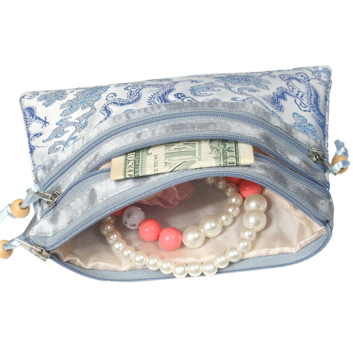 2 pc Chinese Silk Brocade 3 Zipper Pocket Tassel Jewelry Bag Gift Pouch