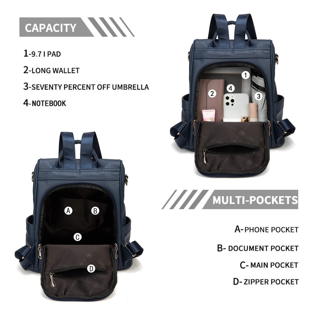 Women Backpack Purse PU Leather Anti-theft Casual Shoulder Bag Fashion Ladies Satchel Bags(Dark Blue Large)