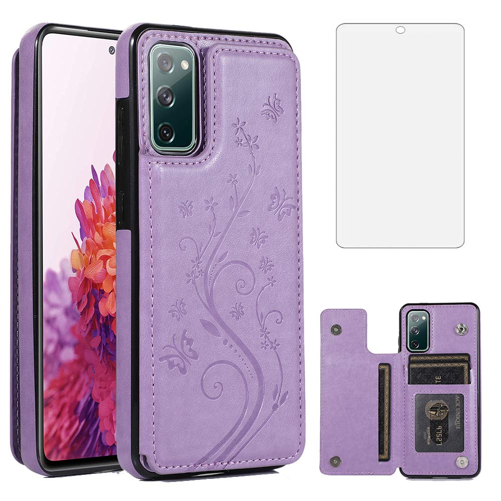 Phone Case for Samsung Galaxy S20 FE 5G/S20 Fan Edition with Tempered Glass Screen Protector Card Holder Wallet Cover Stand Flip Leather Cell Accessories Glaxay S20FE S 20FE FEcases 2020 Women Purple