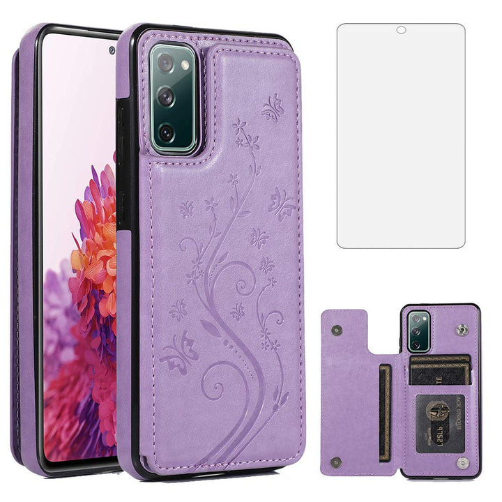 Phone Case for Samsung Galaxy S20 FE 5G/S20 Fan Edition with Tempered Glass Screen Protector Card Holder Wallet Cover Stand Flip Leather Cell Accessories Glaxay S20FE S 20FE FEcases 2020 Women Purple