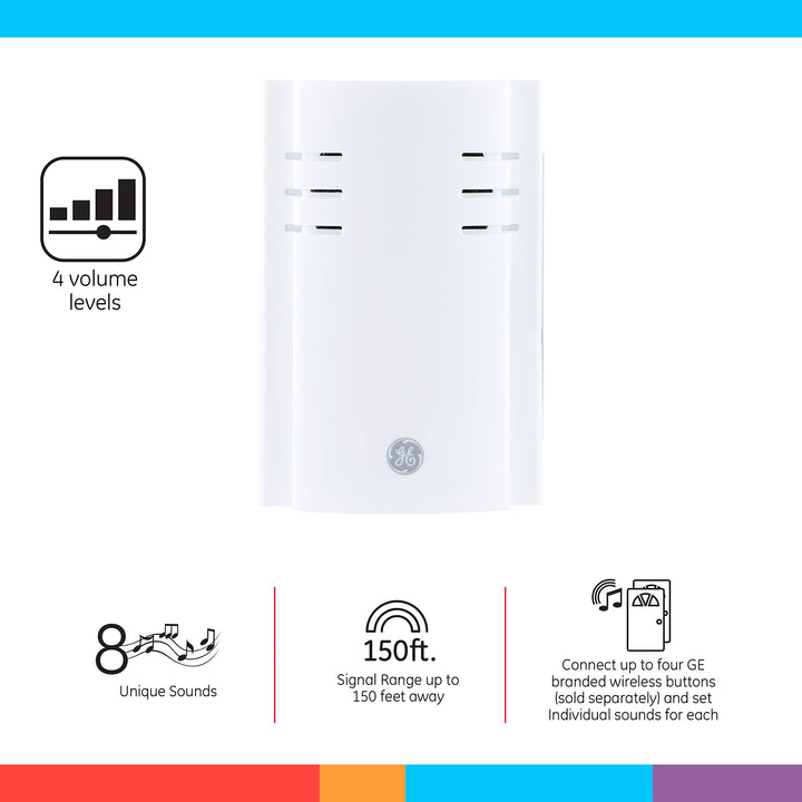 GE Wireless Kit, 8 Melodies, 2 Push Buttons, 4 Volume Levels, 150 Ft. Range, White, 19300 Doorbell, 1 Pack