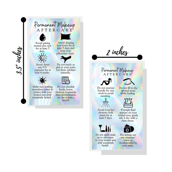 Permanent Makeup Aftercare Instructions Card | 50 Pack | 2x3.5 inches Business Card Size | PMU Non-Reflective Matte Holographic Look Design, rainbow, blue, black