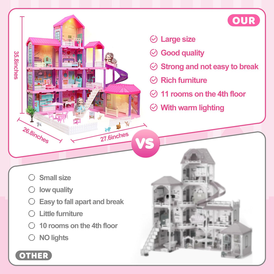 Doll House, Dream Dollhouse for Girls,Doll Houses 4-5 7-8 Year Old with 4 Stories -11 Rooms, 2 Dolls and Furniture, Princess Dollhouse 2024 Christmas Toy Gifts for 3 4 5 6 7 8+ Year Old Girls