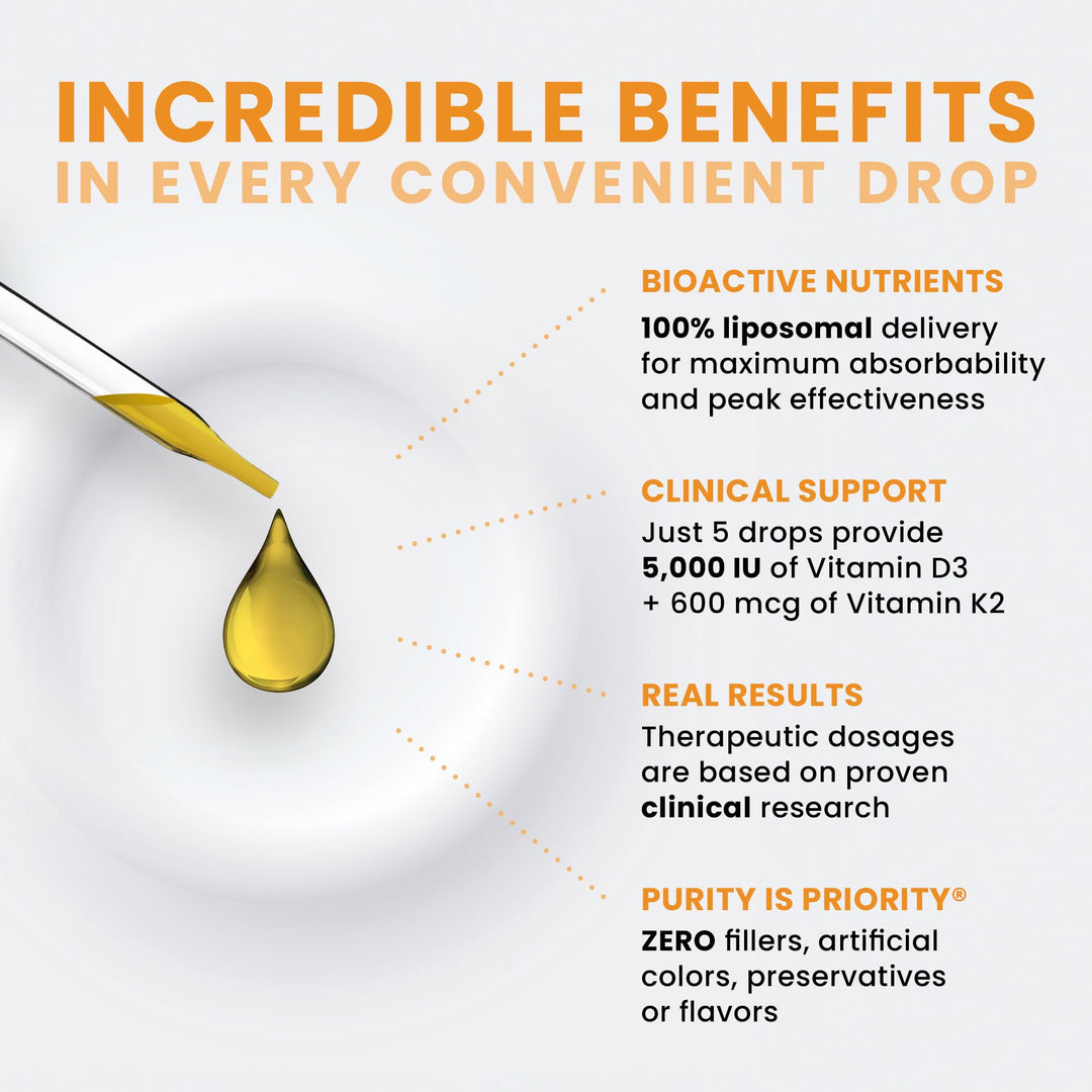 Vegan D3 + K2 Organic 100% Liposomal 10ml Made in USA | 3 Month Supply | Maximum Absorption Vitamin D3 and Vitamin K2 Supplements for Men and Women, D3 Vitamin 5000 IU