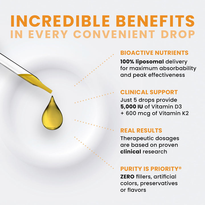 Vegan D3 + K2 Organic 100% Liposomal 10ml Made in USA | 3 Month Supply | Maximum Absorption Vitamin D3 and Vitamin K2 Supplements for Men and Women, D3 Vitamin 5000 IU
