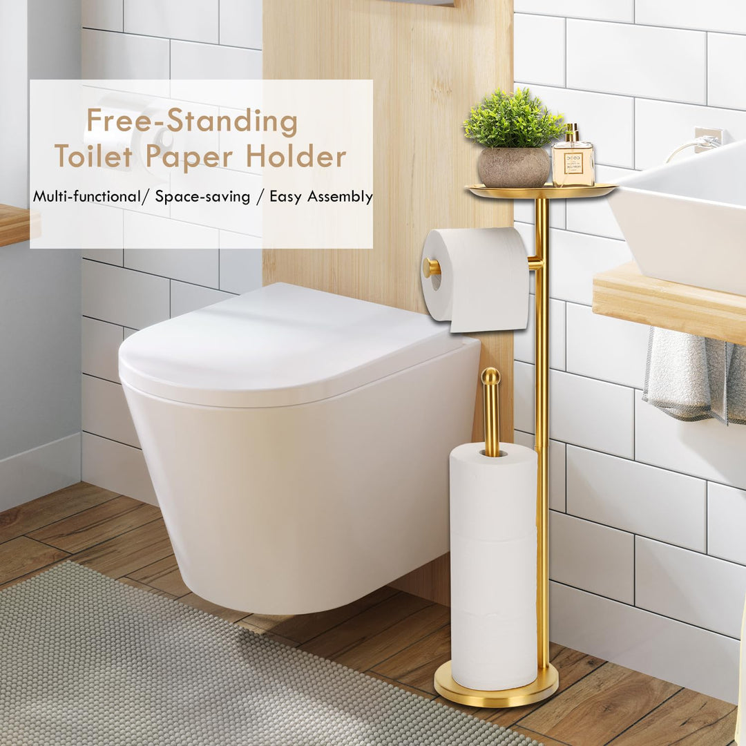 Gold Free Standing Toilet Paper Stand with Reserve, Heavy Marble Base, Freestanding Toilet Paper Roll Stand, Free Standing Toilet Roll Holder, SUS304 Stainless Steel (Gold)