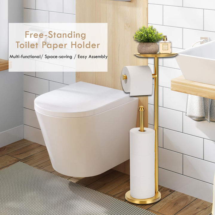 Gold Free Standing Toilet Paper Stand with Reserve, Heavy Marble Base, Freestanding Toilet Paper Roll Stand, Free Standing Toilet Roll Holder, SUS304 Stainless Steel (Gold)