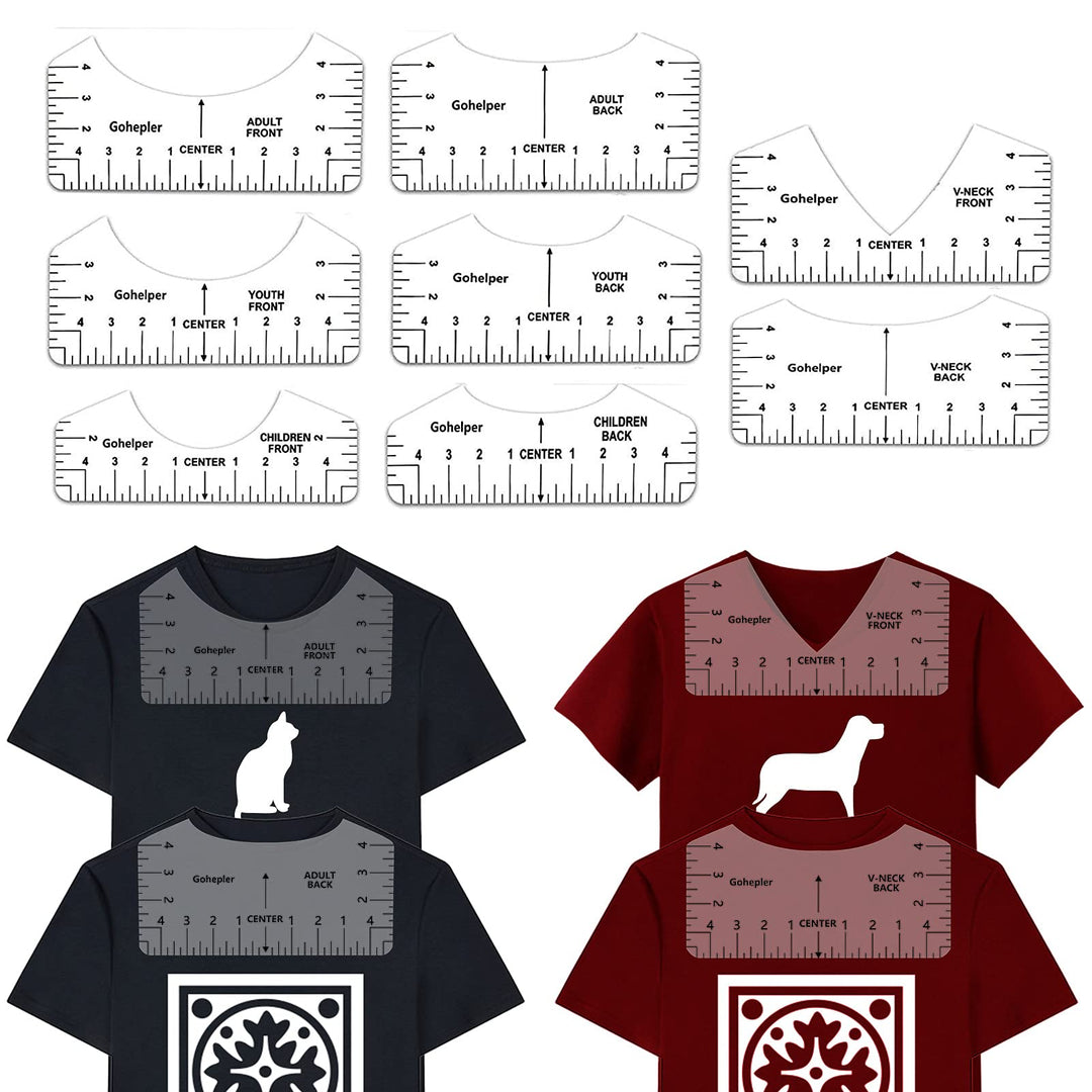 T-Shirt Alignment Ruler Guide Tool 8 Pack T-Shirt Rulers Transparent V-NeckRound T Ruler for Adults Youth Toddler Infant, Front and Back Measurement