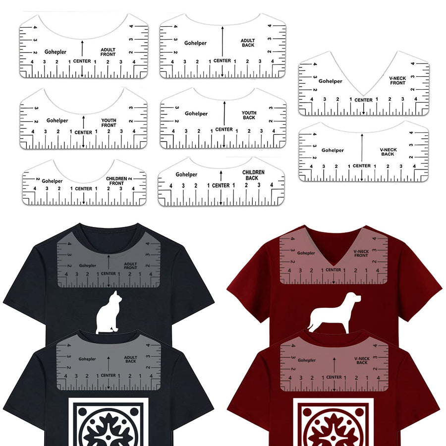 T-Shirt Alignment Ruler Guide Tool 8 Pack T-Shirt Rulers Transparent V-NeckRound T Ruler for Adults Youth Toddler Infant, Front and Back Measurement