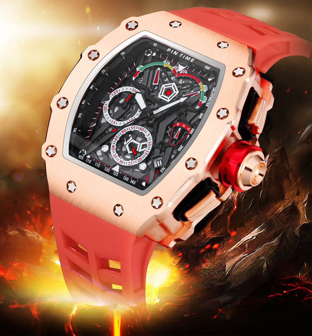Mens Luxury Tonneau Square Watches Analog Punk Chronograph Unique Sports Wrist Watch Japanese Movement Luminous Design with Rubber Band (Rosegold Red)