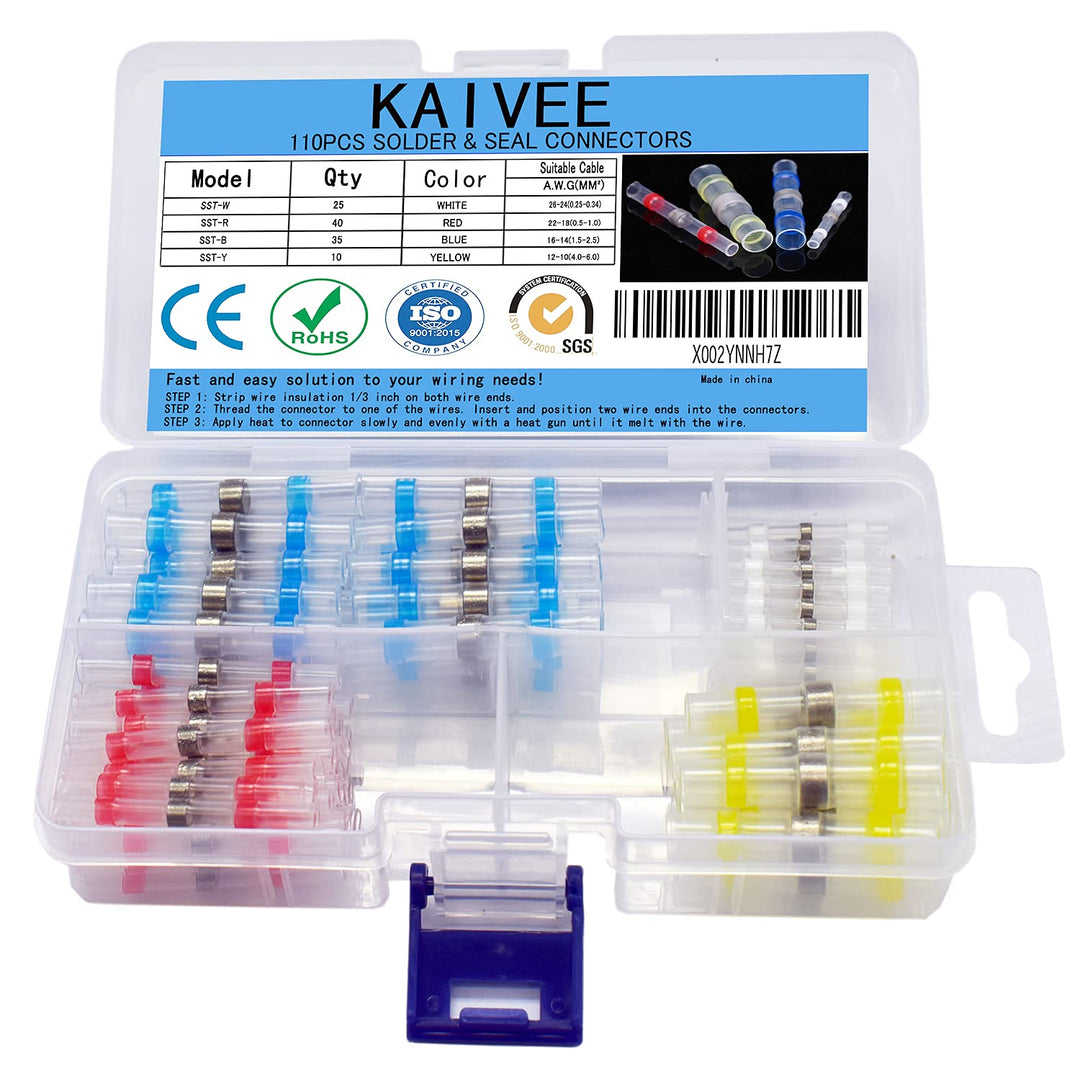 Kaivee 110pcs Premium Solder Seal Electrical Connectors - Heat Shrink Butt Connectors Waterproof Wire Connectors - Low Temp Solder Wiring Connectors kit – Waterproof Solder Electrical Wire Connectors