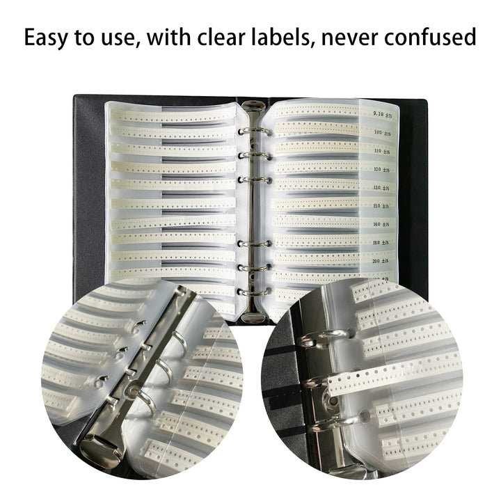 0201 SMD Resistor Sample Book 170 Values Resistor Kit 50 Each 1% Accuracy in Storage Book Case, SMT Resistors Electronic Components Assortment Folder Sample Kit Book Black (Resistor-0201)