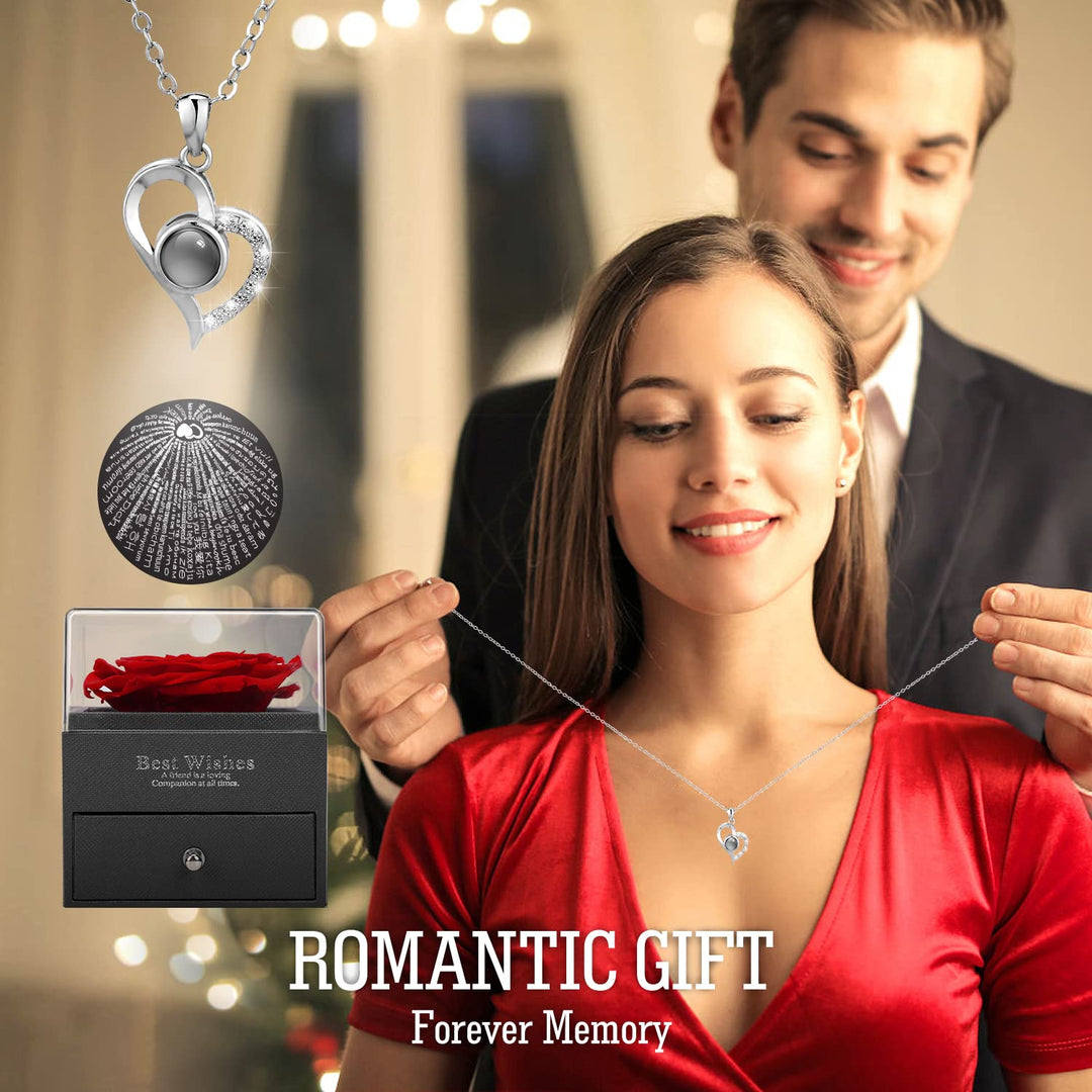 Preserved Red Real Rose, Mothers Day Gifts for Mom with I Love You Necklace in 100 Languages, Enchanted Rose Flower Mother’s Day Gifts Ideas from Daughter Husband Son for Her Grandma Wife