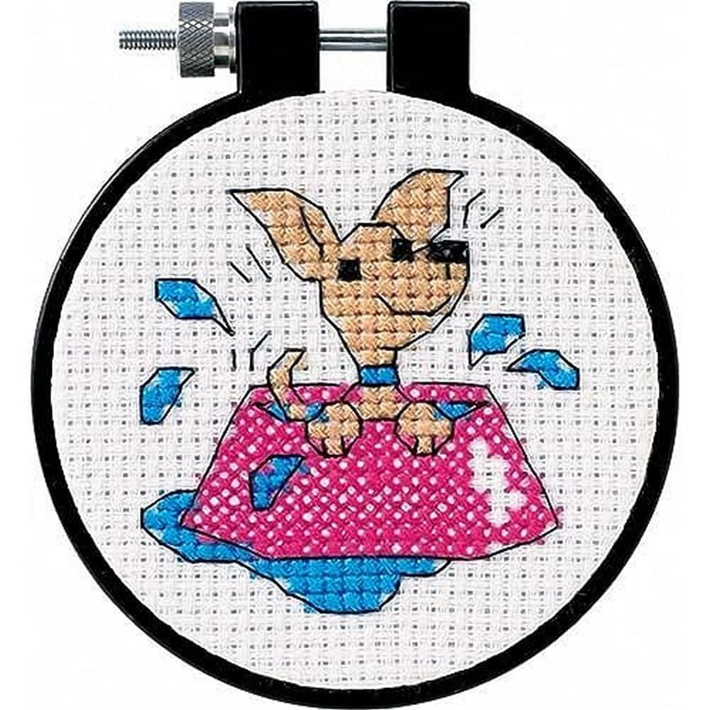 Puppy in Water Bowl Counted Cross Stitch Kit for Beginners,11 Count White Aida Cloth, 3&#39;&#39; D
