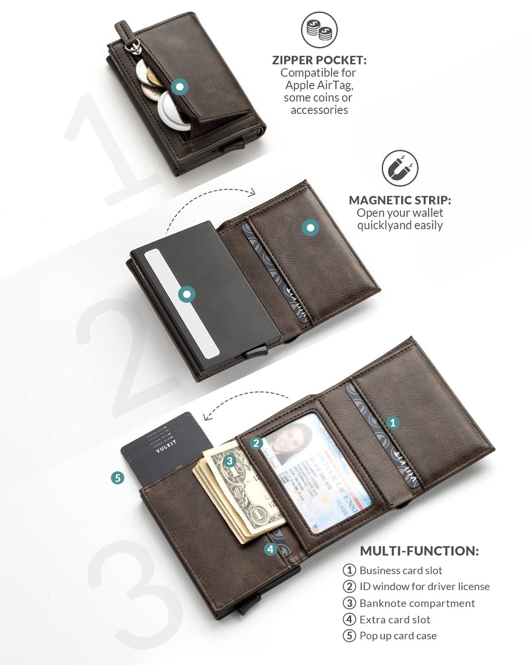 Pop up Wallet RFID Blocking Leather Credit Card Wallet with Banknote Compartment, ID Window &amp; Coin Pocket (Espresso)
