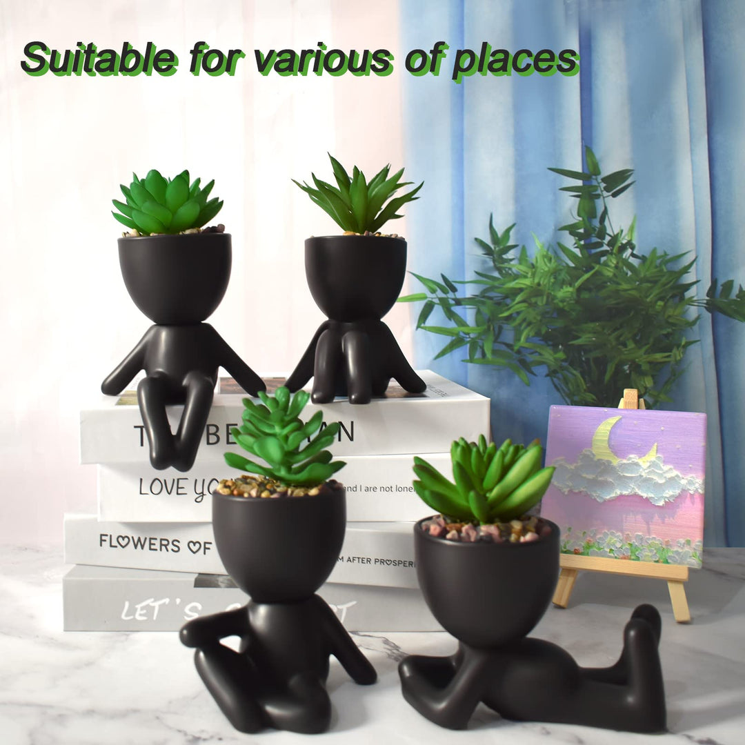 4 PCS Fake Succulent with Ceramic Artificial Succulent Planter Pot for Home Decor, Cute Human Shaped Mini Pots for Office Desk Bathroom Decorations (Matte Black)