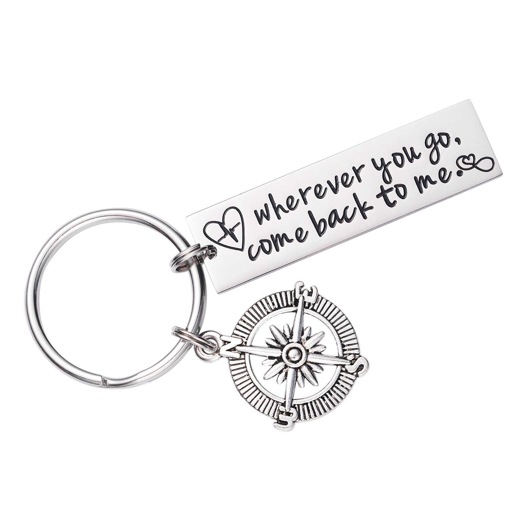 Wherever You Go Come Back to Me Keychain Long Distance Relationship Graduation College Moving Deploying Stainless Steel Gift for Boyfriend Men Love