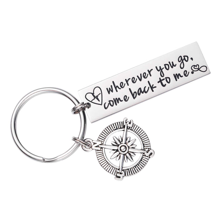 Wherever You Go Come Back to Me Keychain Long Distance Relationship Graduation College Moving Deploying Stainless Steel Gift for Boyfriend Men Love