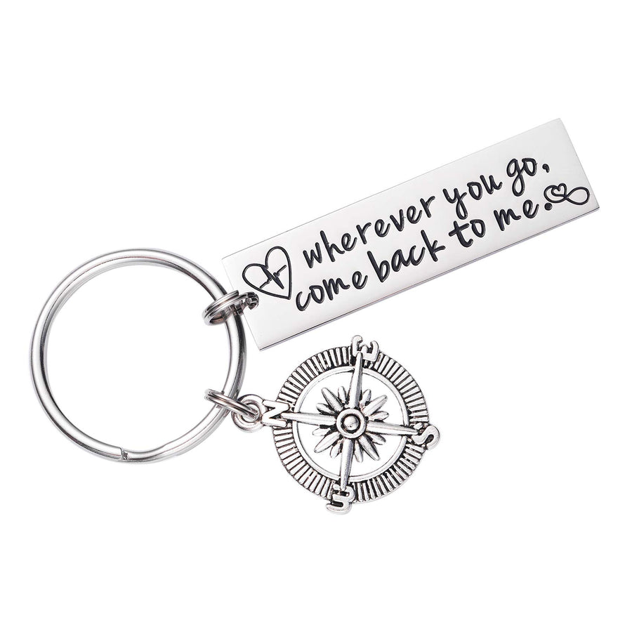 Wherever You Go Come Back to Me Keychain Long Distance Relationship Graduation College Moving Deploying Stainless Steel Gift for Boyfriend Men Love