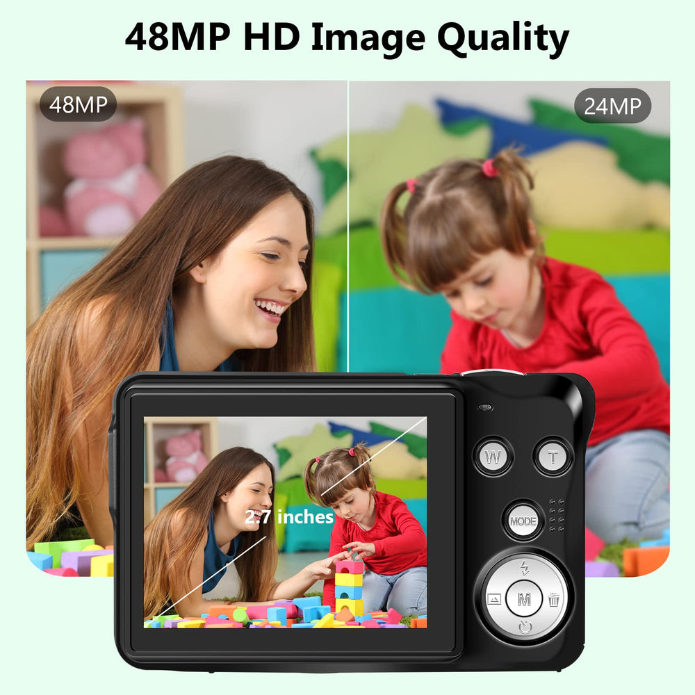 Digital Cameras - HD Compact Camera 48MP 2.7K Small Portable Camera for Teens with 16X Digital Zoom Mini Camera with 32 GB SD Card and 2 Batteries (Black), DC9black