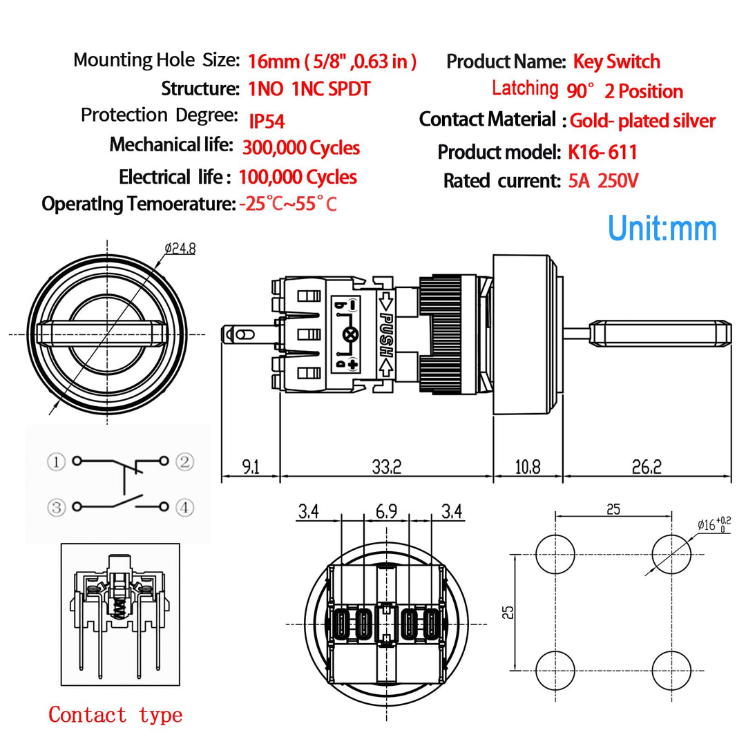 Key Switch 5/8 16mm with 4 Keys 2 Position Selector Switch Key Switches 4Pin Starter Lock On Off Keylock Switch Latching SPDT 2 Pcs UL Certification