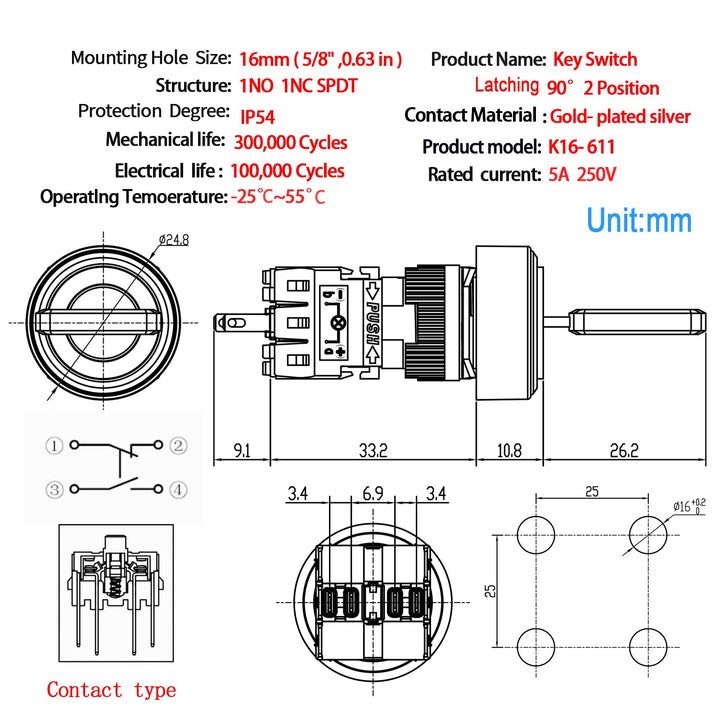 Key Switch 5/8 16mm with 4 Keys 2 Position Selector Switch Key Switches 4Pin Starter Lock On Off Keylock Switch Latching SPDT 2 Pcs UL Certification