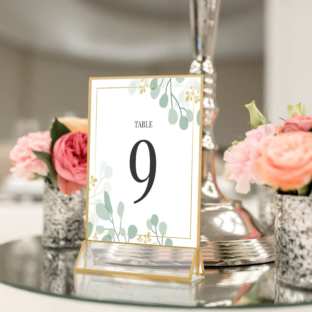 16 Pieces Gold Rimmed Clear Acrylic Table Sign Holders, Double Sided Frame with Gold Border and Vertical Stand for Wedding Table Number, Restaurant Sign, Photo Display, Menu Holder (4 x 6 Inch)