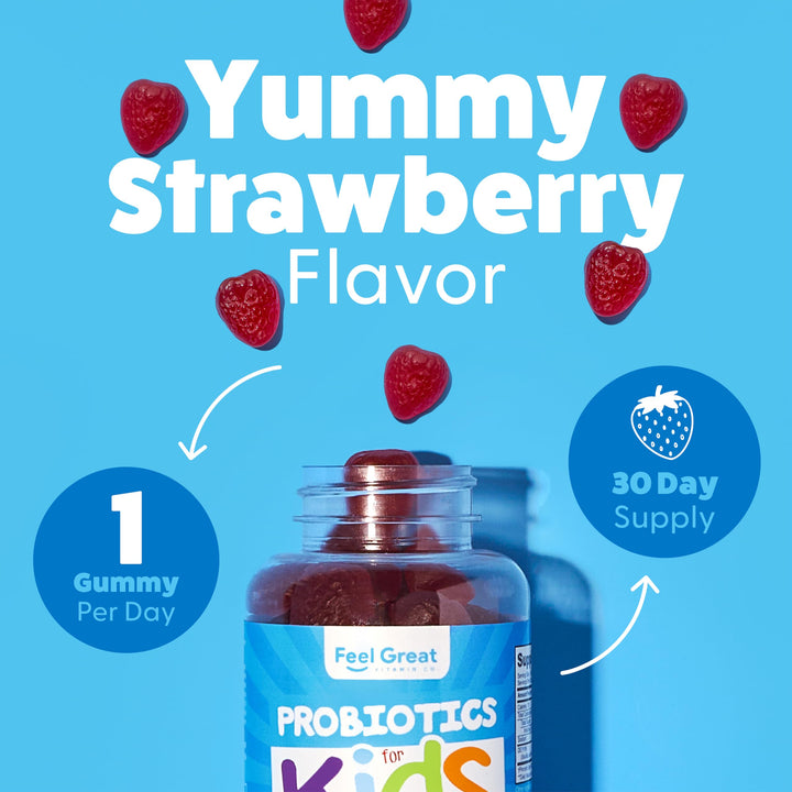 Feel Great USDA Organic Kids Probiotics Gummies | Chewable Strawberry Probiotics for Digestive Health &amp; Immune Support | Plant Based Probiotic &amp; Prebiotic for Kids | 30 Count