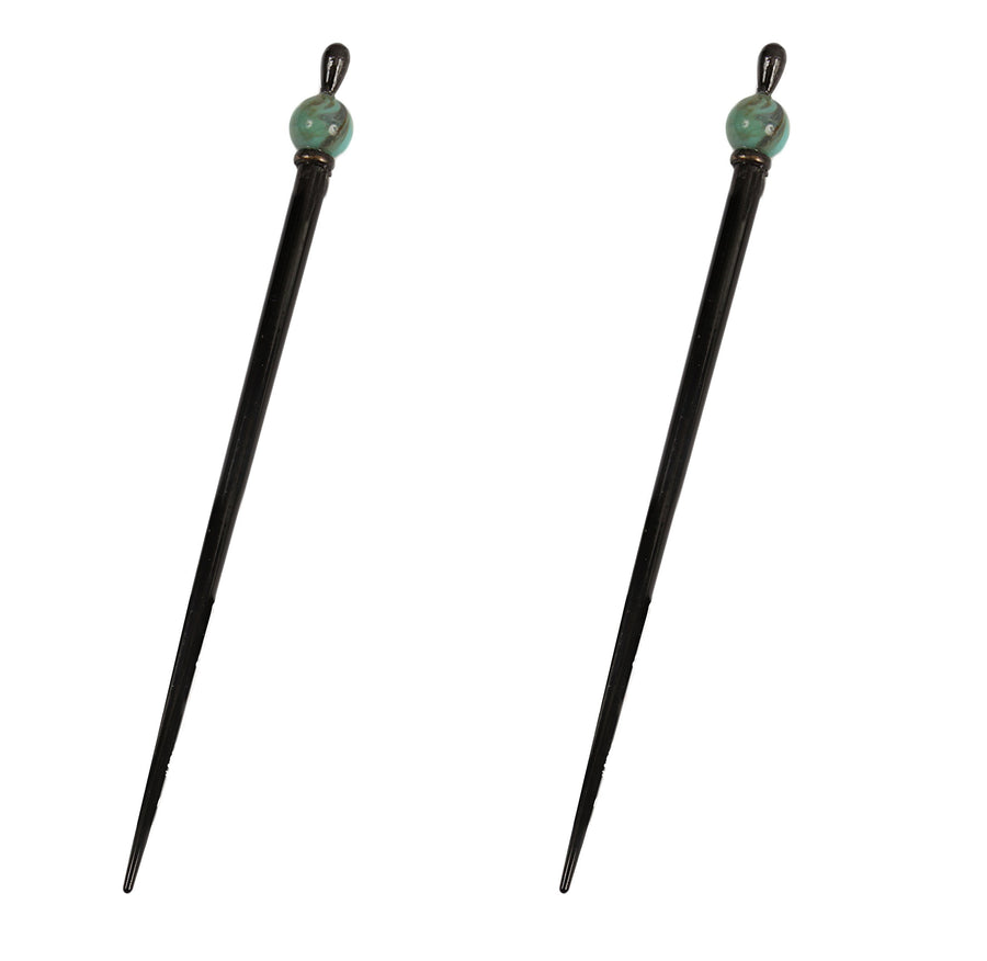 Caravan Decorated Wooden Chop Stick with Turquoise Bead Black Top and Spacer in Pair