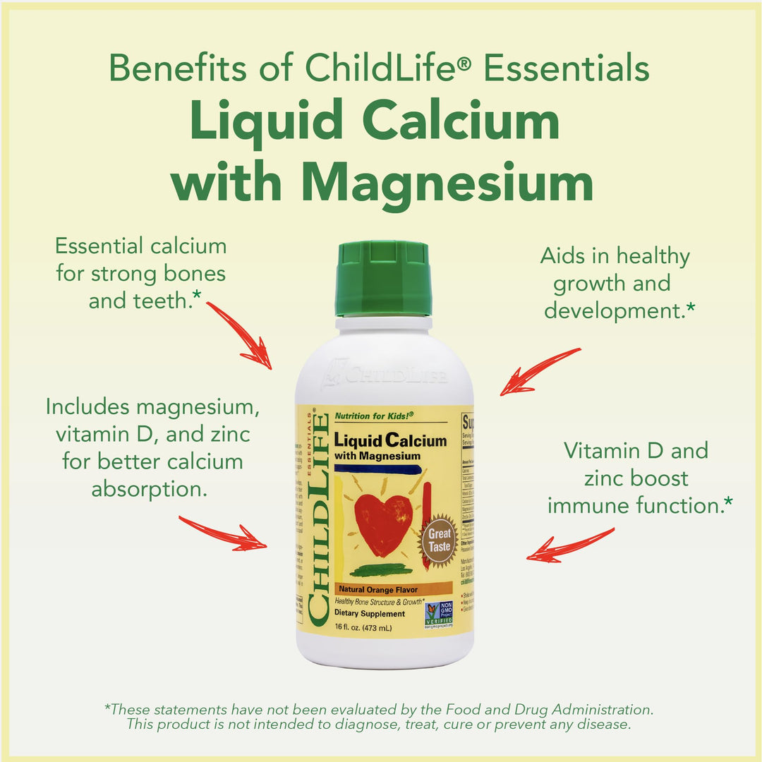 ChildLife Essentials Liquid Calcium Supplement for Kids - Baby Calcium with Magnesium, Zinc, and Vitamin D3 - Orange Flavor, 16 fl oz (4 Pack)