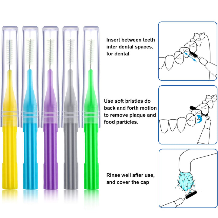 100 Pieces Interdental Brush Toothpick Dental Tooth Flossing Head Oral Dental Hygiene Interdental Brush Dental Flosser Toothpick Cleaners Tooth Cleaning Tool (Light Blue, Yellow, Gray, Purple, Green)