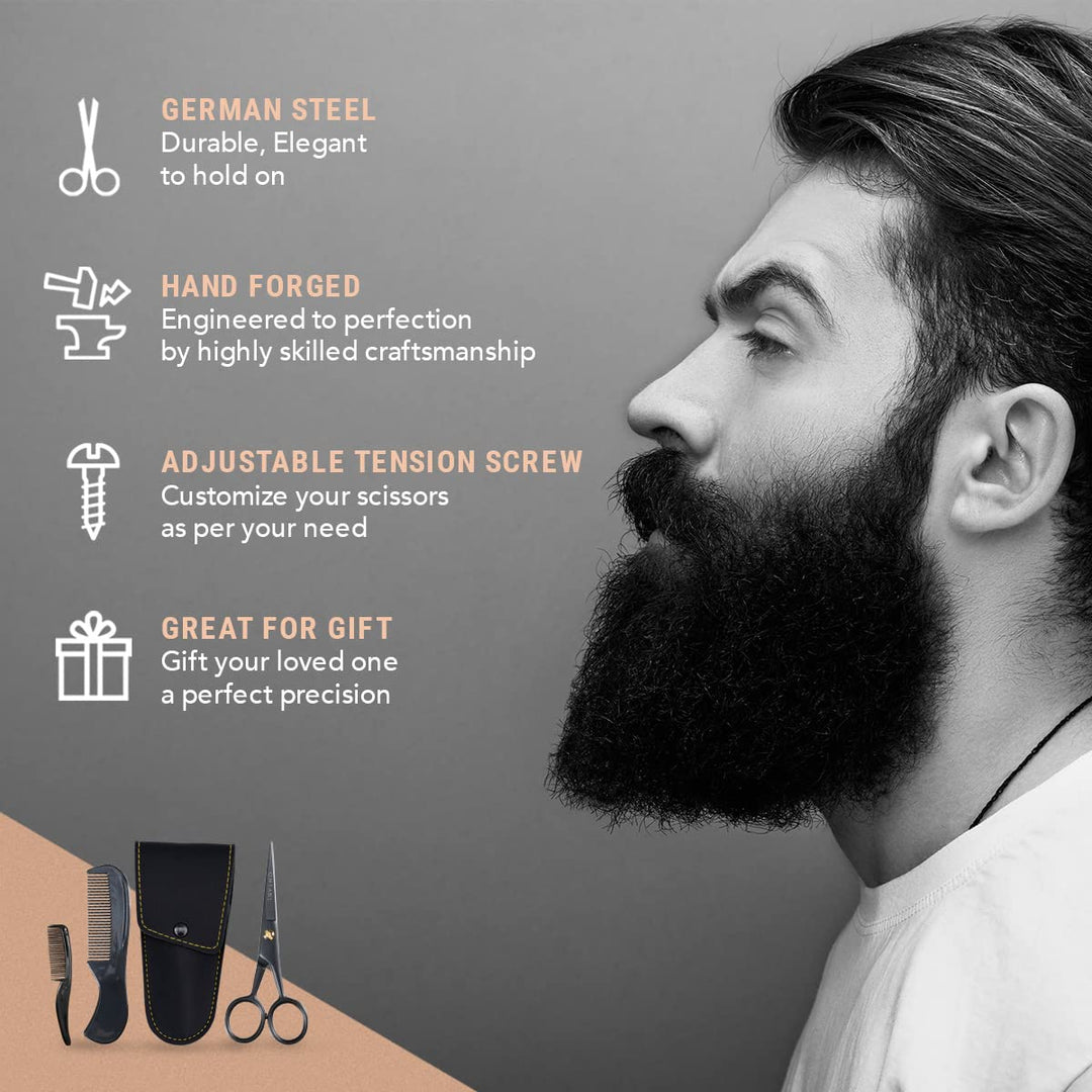 Ontaki 5 Professional German Beard &amp; Mustache Scissors with 2 Comb &amp; Carrying Pouch for Men - Bevel Edge for Precision - Facial Hair Grooming Kit All Body Hair - Black - Beard Trimming Scissors