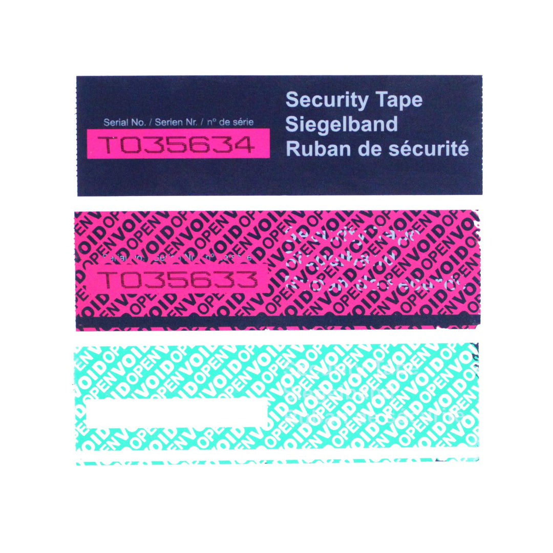 - 1 Roll Precut Serial Numbered Tri-Color Tamper Resistant Security Void Tape (45mm x 50m/roll, 100% Total Transfer, Ultra-Thick Void Film)