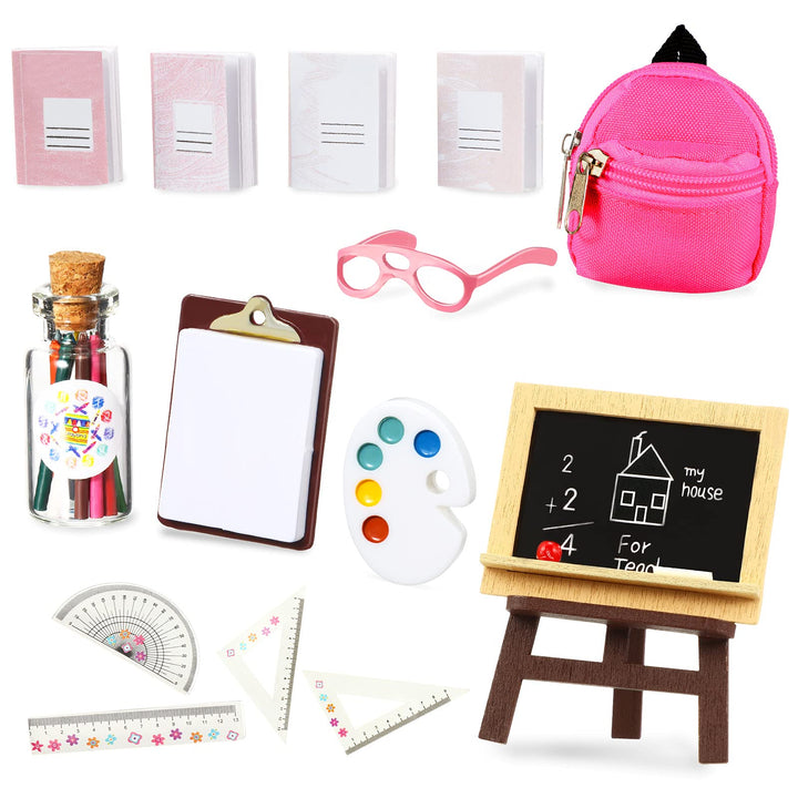 14 Pcs Mini Doll School Supplies Christmas Miniature Dollhouse Stuff Accessories for 11.5 Inch Doll DIY Toy Set Include Miniature Book Backpack Glasses Blackboard Pencil Ruler(Cute Style)