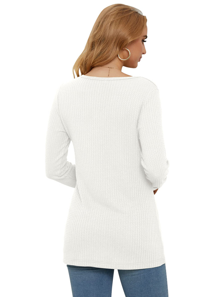 Women&#39;s Top Long Sleeve Waffle Knit V-Neck Solid Color Shirt White S