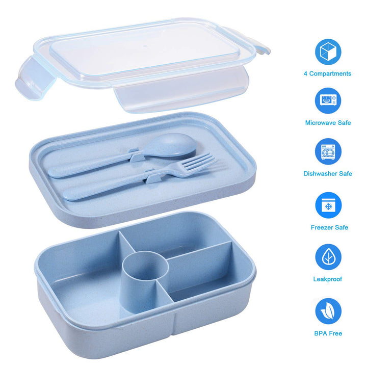 Bento Box for Kids Lunch Containers with 4 Compartments Kids Bento Lunch Box Microwave/Freezer/Dishwasher Safe (Flatware Included,Light Blue)