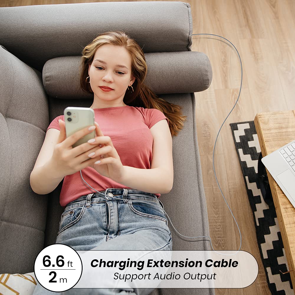 6.6FT Braid Extension Cord Cable Charging Sync Video &amp; Audio Compatible with iOS Devices (Phone/Pad/Pod), Male to Female Dock Cable Extender Connector Case Adapter (Gray)