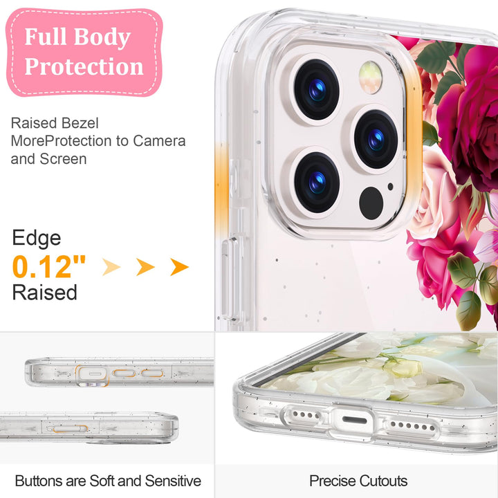 ACKETBOX for iPhone 13 Pro Max Case,with Screen Protector & Camera Lens Protector+Ring Bracket,Floral Phone Cover Designed for iPhone 13 Pro Max 6.7(Big Red Flower 01)
