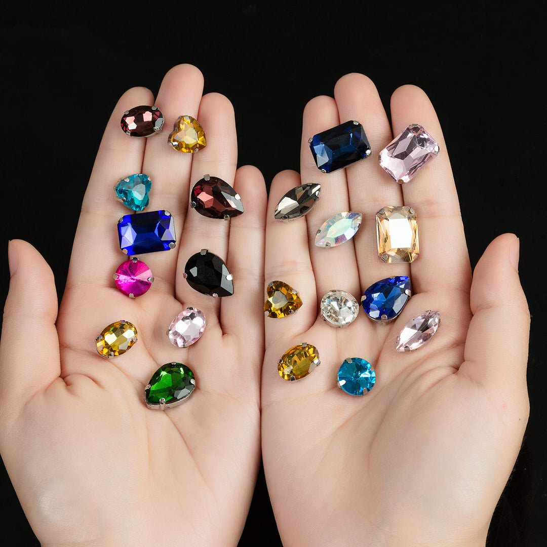 Sew On Rhinestones, 48PCS Mixed Shapes Flatback Sew On Glass Rhinestone Sewing Claw Rhinestone for Craft, Clothes, Garments, Dress, Earring, Belt and Shoes (Mixed, Silver Claw)