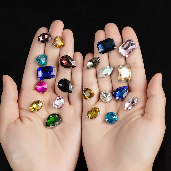 Sew On Rhinestones, 48PCS Mixed Shapes Flatback Sew On Glass Rhinestone Sewing Claw Rhinestone for Craft, Clothes, Garments, Dress, Earring, Belt and Shoes (Mixed, Silver Claw)