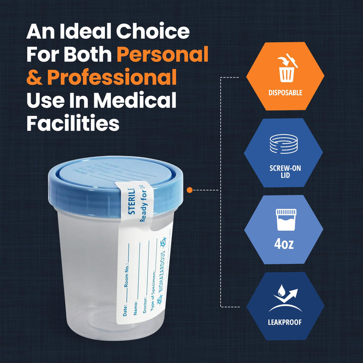 Disposable Specimen Cups 10-Pack| High-Grade Silicone, Sterile, Individually Wrapped Medical Cups W/Leakproof, Screw-On Lids &amp; Tamper-Evident Seal| Urine, Fluid Sample Collection &amp; More