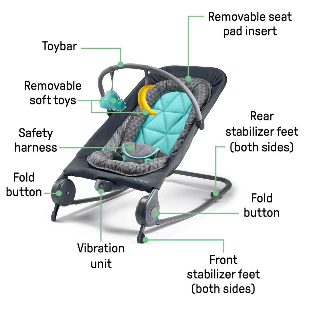 Summer Infant 2-in-1 Bouncer & Rocker Duo (Gray and Teal) Convenient and Portable Rocker and Bouncer for Babies Includes Soft Toys and Soothing Vibrations