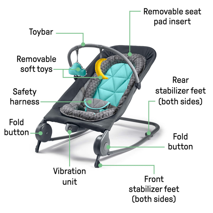 Summer Infant 2-in-1 Bouncer & Rocker Duo (Gray and Teal) Convenient and Portable Rocker and Bouncer for Babies Includes Soft Toys and Soothing Vibrations