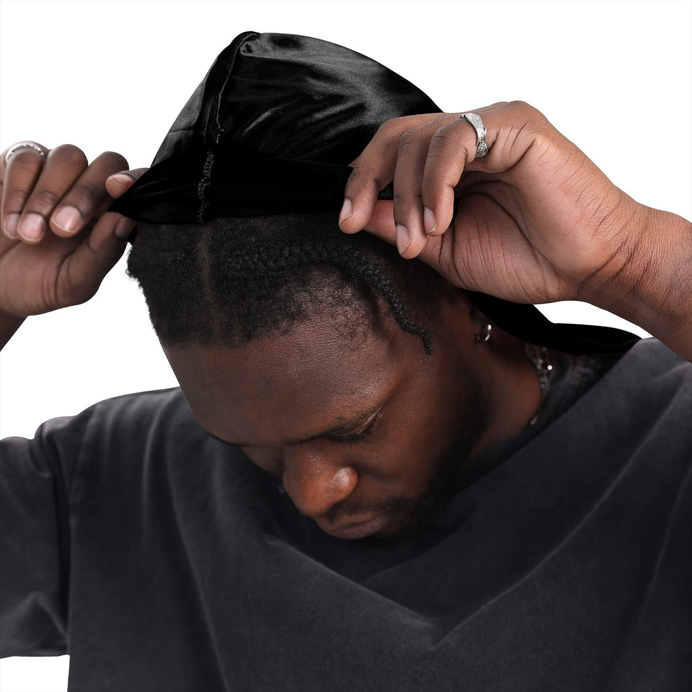 Satin Silk Head Wrap Durag Long Tail Beanies For Men Women Headwraps Cap 2pcs Black&Black