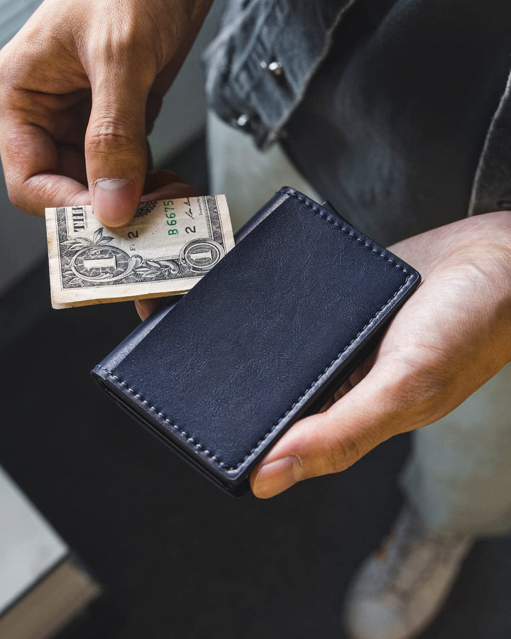 Credit Card Holder RFID Blocking Leather Automatic Pop Up Wallet Aluminum Slim Pocket Business Card Case Vintage Navy
