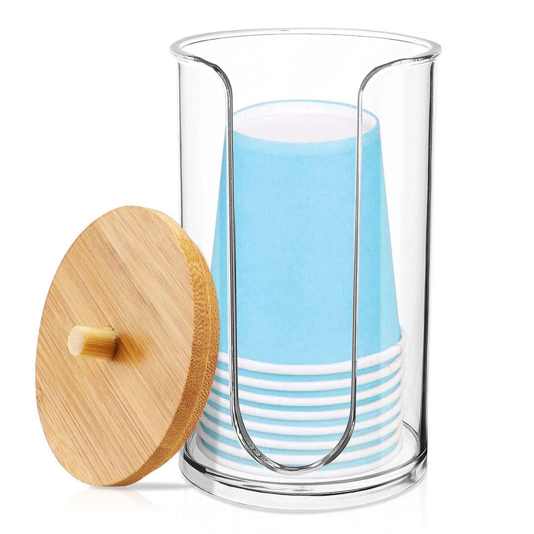 Acrylic Bathroom Cup Dispenser Holder for Disposable Paper Cup with Bamboo Lid, Mouthwash Cups Holder for Bathroom Guest Room Counter-tops (clear 1 pack)