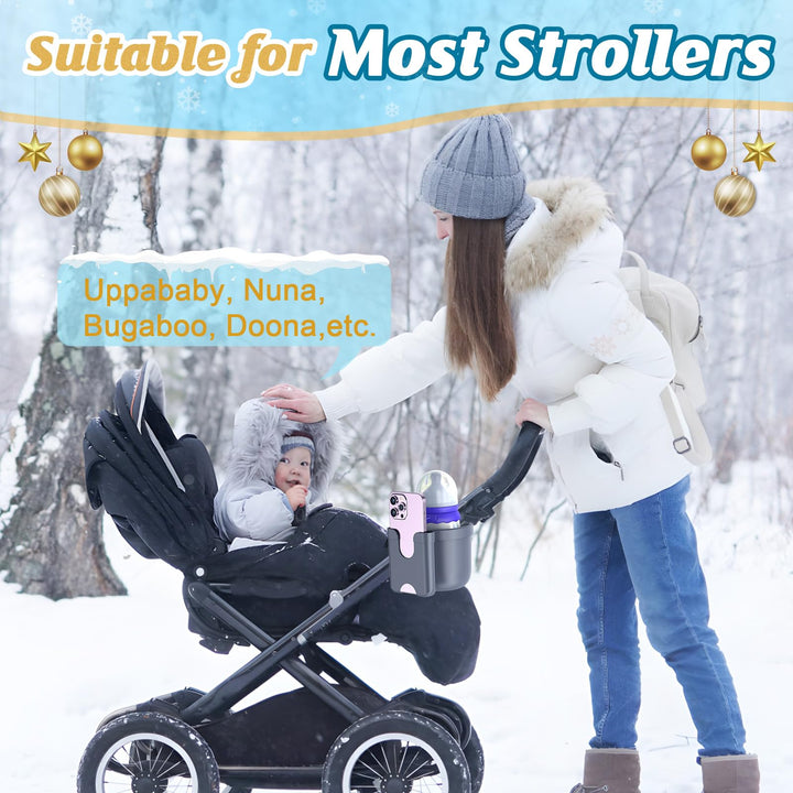 Guiseapue Stroller Cup Holder with Phone Holder, Bottle Holder for Wheelchair, Walker, Bike, Stroller Accessories for Uppababy, Nuna, Doona Stroller, Gifts for Her, Him, Kids (Grey)