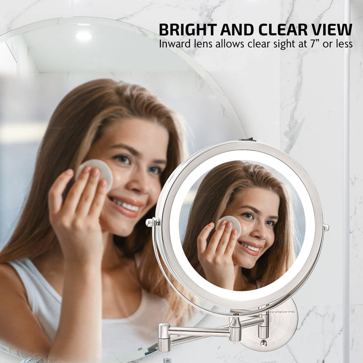 9 Lighted Wall Mount Makeup Mirror with 1X/10X Magnification, Cordless Double Sided Magnifying Round Vanity Mirror, 360° Swivel Design, Extendable and Folding Arm, Nickel Brushed MFW85BR1X10X
